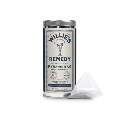 Willie's Remedy CBD Full Spectrum Hemp-Infused black tea Breakfast blend , 16 Ct. Tin & Pyramid Bag