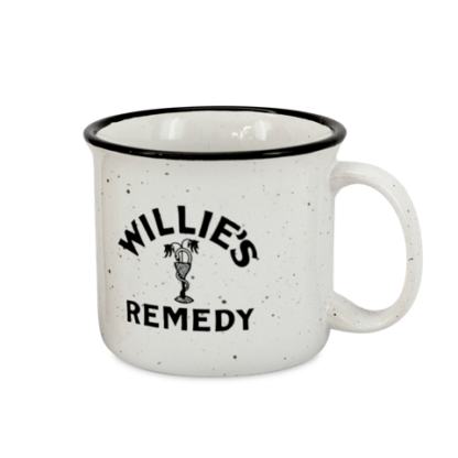 Willie Nelson's Willie's Remedy white and navy blue campfire-style ceramic mug with logo