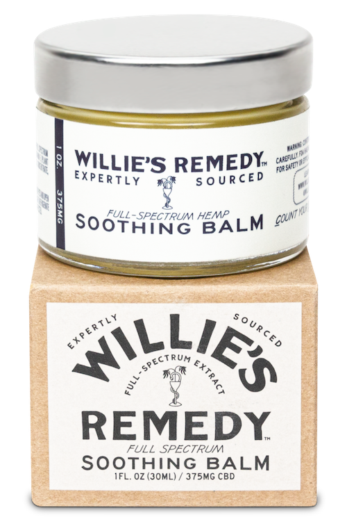 Willie Nelson's Willie's Remedy soothing CBD balm in jar on box